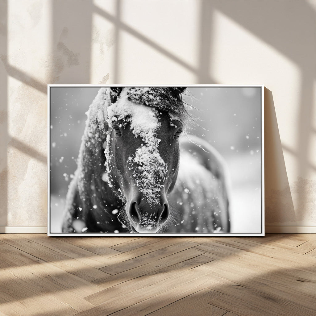 Black and White Horse Winter Wall Art, Ready to Hang