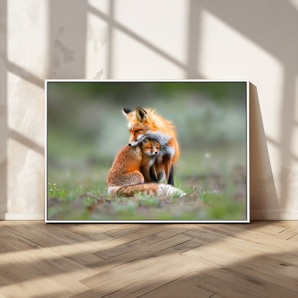 Heartwarming Fox and Baby Cub Wall Art | Canvas Print of Foxes in Nature