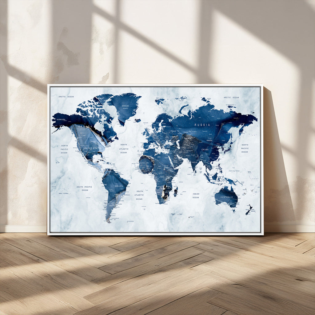 Modern Blue World Map Canvas Print | Elegant Travel Map Wall Art for Home Office