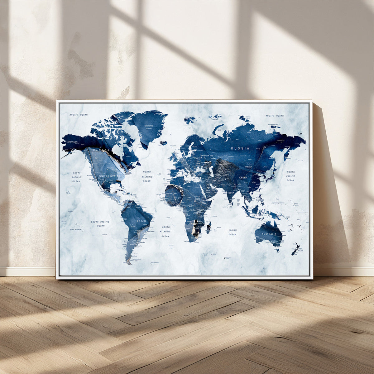 Modern Blue World Map Canvas Print | Elegant Travel Map Wall Art for Home Office