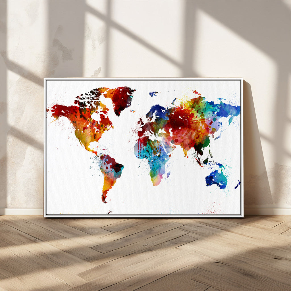 Colorful World Map Canvas Wall Art Print, Contemporary Global Map Artwork