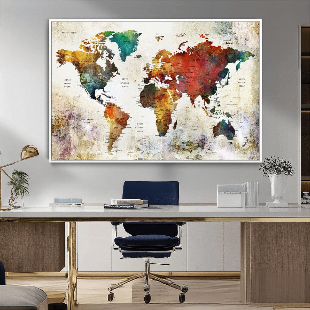 Watercolor World Map Canvas Print | Framed Travel Map Wall Art for Couples