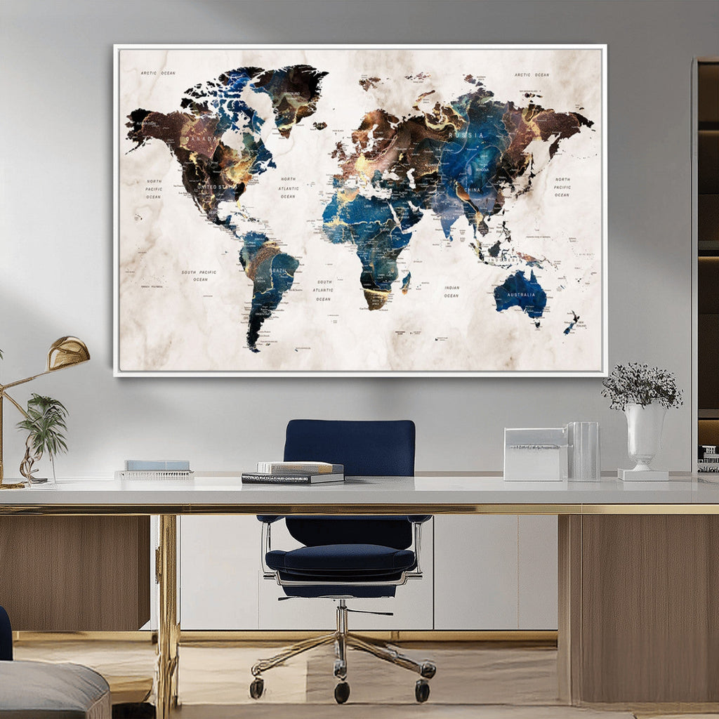 Abstract Earth Tone Blue World Map Canvas Print | Framed Travel Map Wall Art