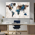 Abstract Earth Tone Blue World Map Canvas Print | Framed Travel Map Wall Art