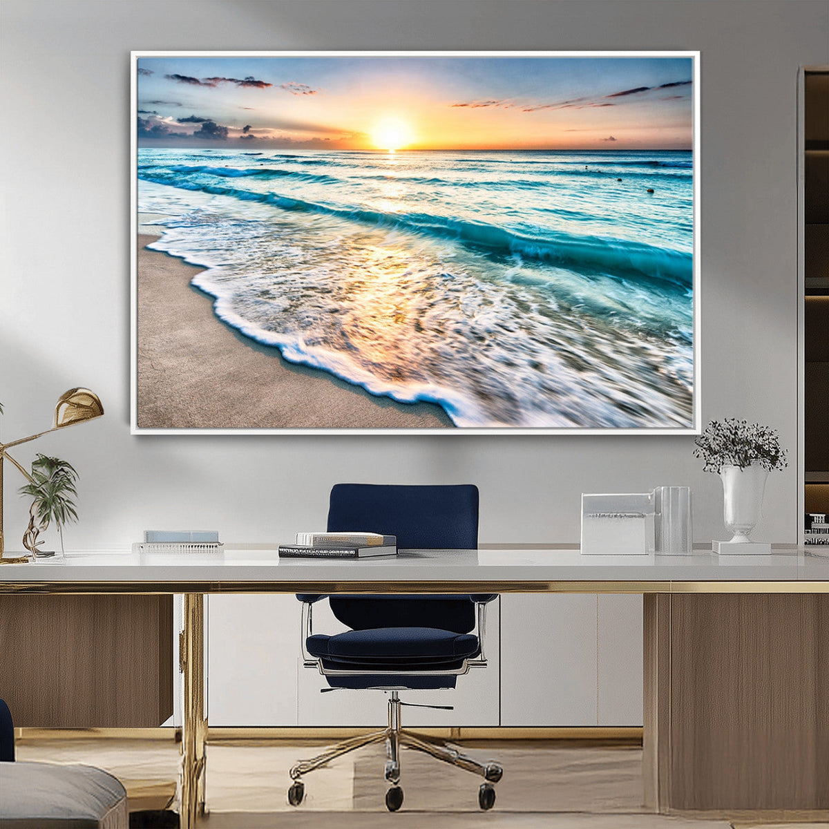 Sunset Beach Waves Canvas Wall Art | Ocean Sunset Coastal Print