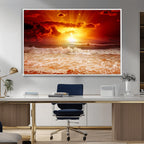 Red Sunset Ocean Beach Canvas Wall Art, Coastal Sunset Print