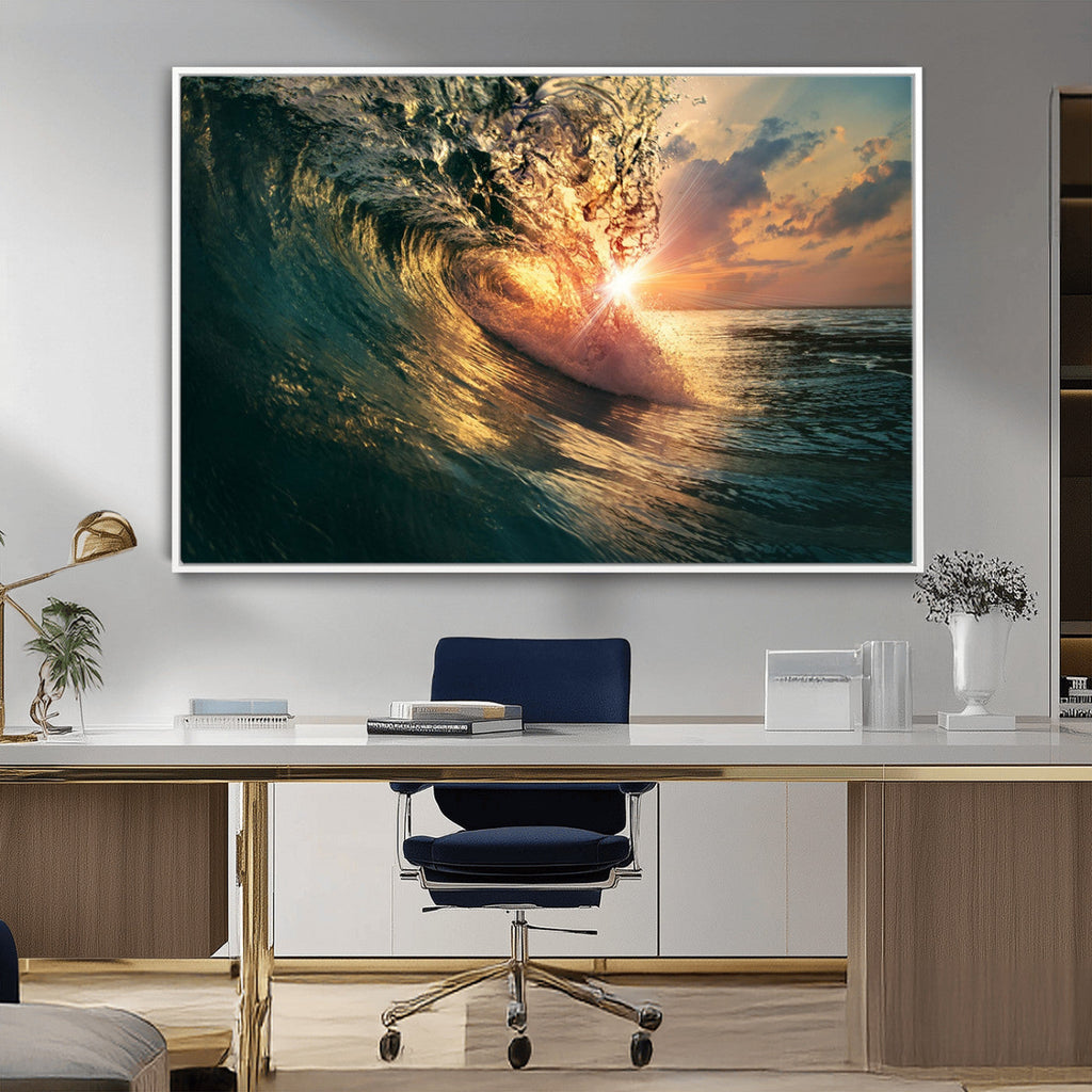 Ocean Wave Sunset Canvas Wall Art | Triptych Seascape Print