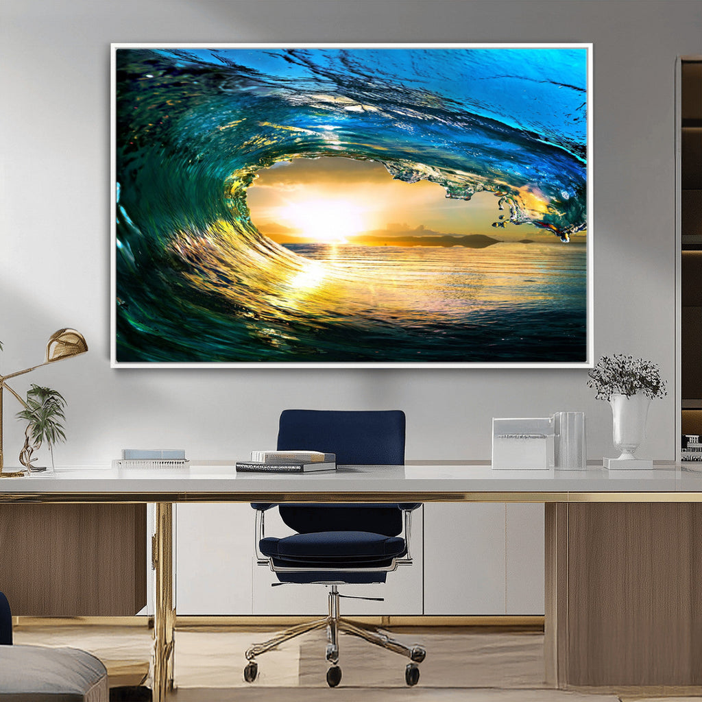 Ocean Wave at Sunset Canvas Art, Large Wall Print of Vibrant Surfing Wave