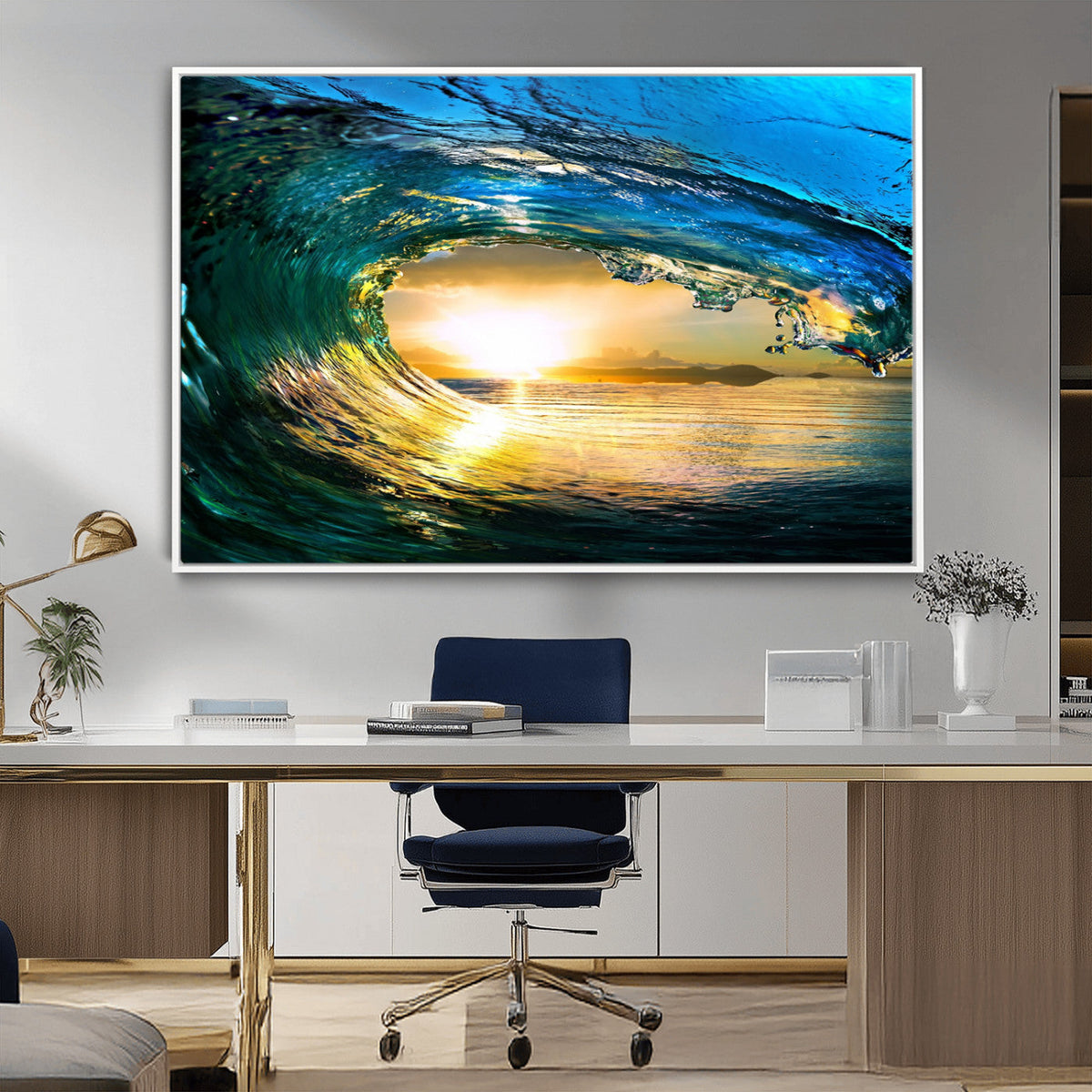 Ocean Wave at Sunset Canvas Art, Large Wall Print of Vibrant Surfing Wave