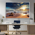 Golden Hour Beach Sunset Canvas Triptych, Ocean Waves and Rocks Wall Art