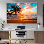 Palm Tree Sunset On The Beach Wall Art Canvas, Framed Palm Tree Sunset Canvas Print