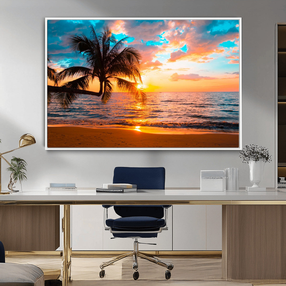 Palm Tree Sunset On The Beach Wall Art Canvas, Framed Palm Tree Sunset Canvas Print