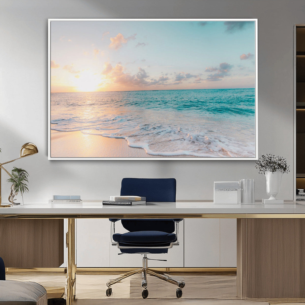 Tranquil Ocean Beach Sunset Canvas Wall Art | 3-Panel Coastal Decor