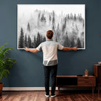 Forest Wall Art Print | Foggy Pine Forest Canvas Wall Art, Black and White Nature Decor