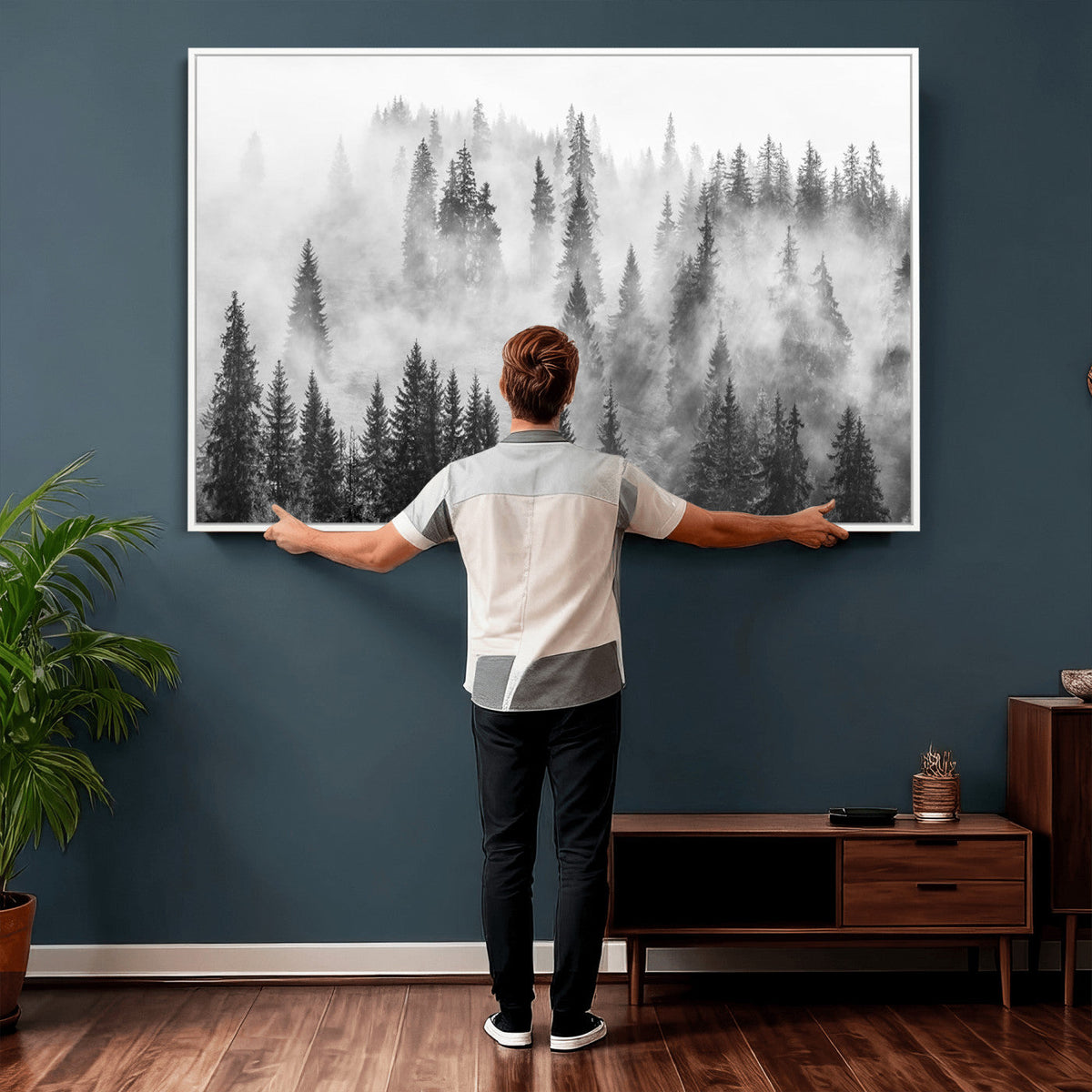 Forest Wall Art Print | Foggy Pine Forest Canvas Wall Art, Black and White Nature Decor