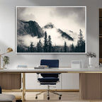 Forest Mountain Print | Black and White Canvas Wall Art with Misty Forest Design