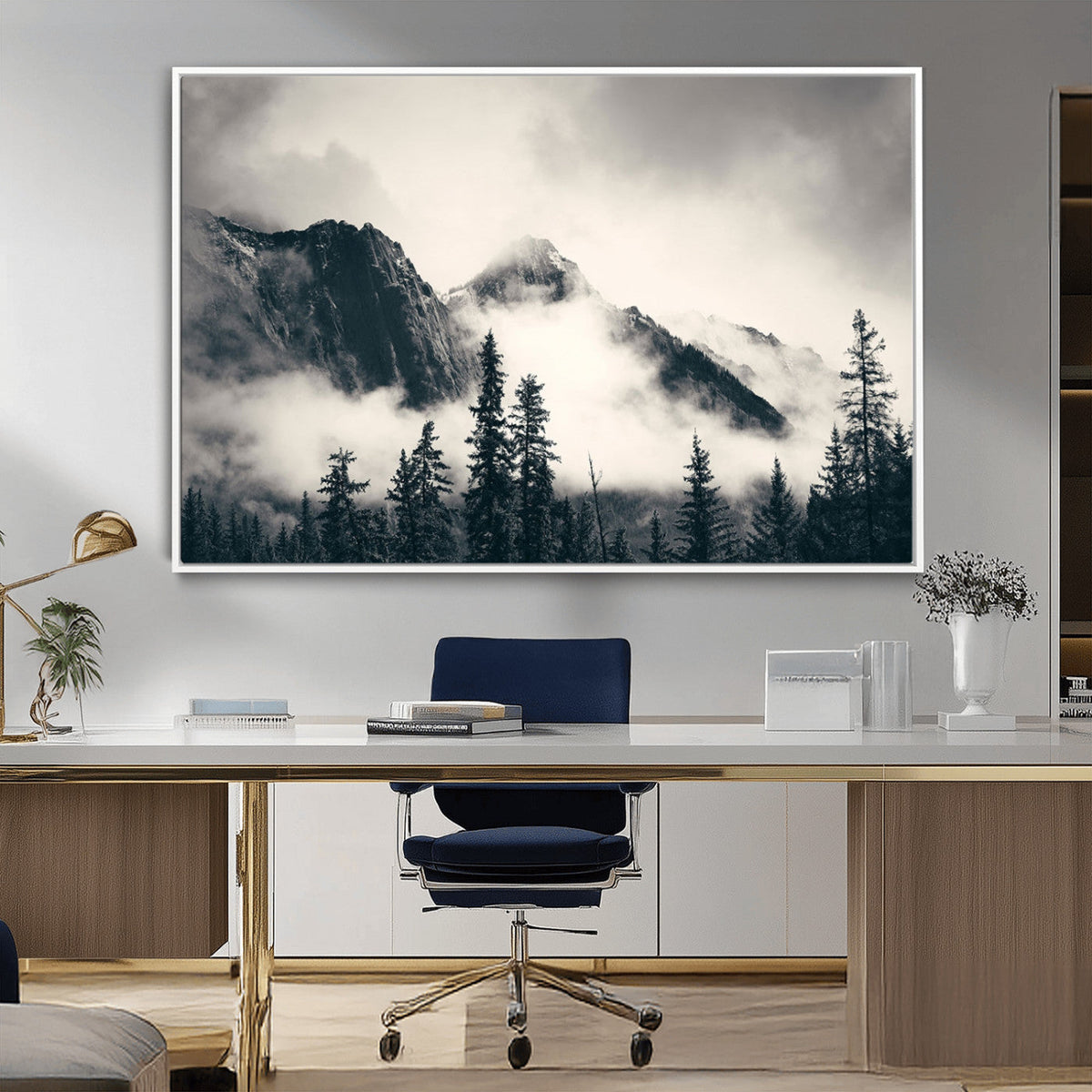 Forest Mountain Print | Black and White Canvas Wall Art with Misty Forest Design
