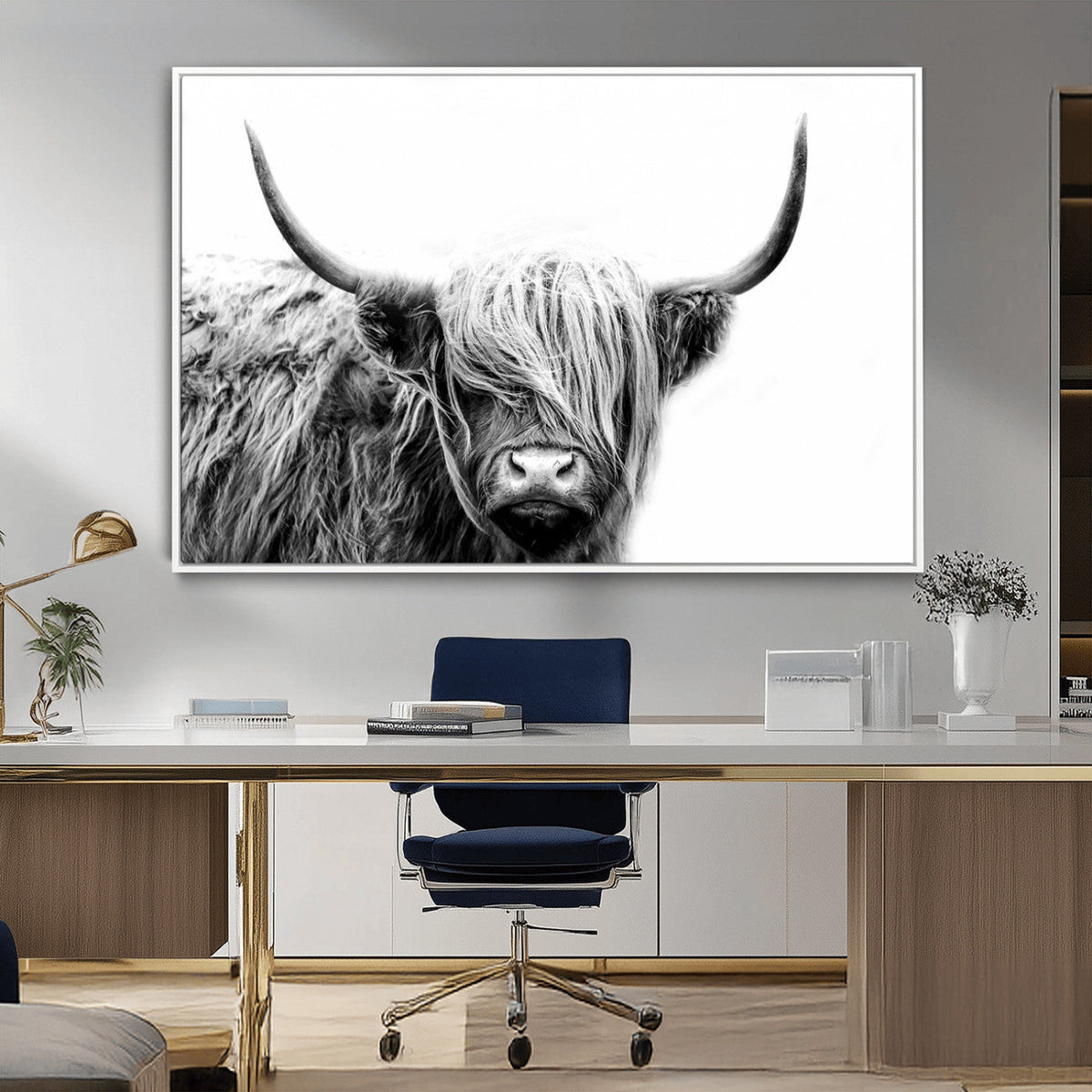 Black White Scottish Highland Cow Cattle Art Print Farmhouse Decor