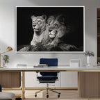 Lion Couple Wall Art Canvas Print, Elegant Black and White Wildlife Portrait