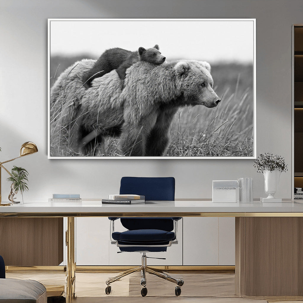 Bear and Cub Wall Art Canvas | Grizzly 399 Bear and Cub Black and White Wildlife Print