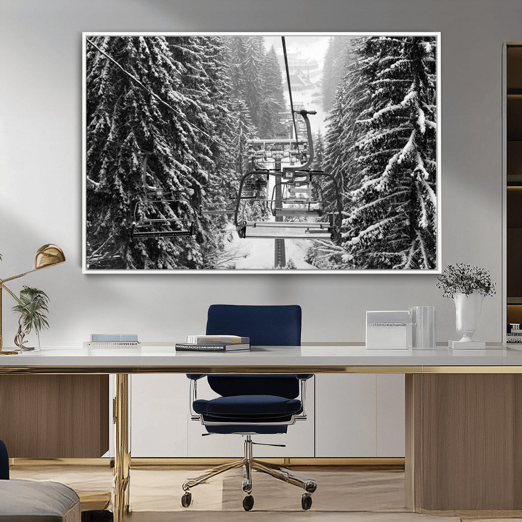 Winter Ski Lift Black and White Canvas Wall Art | Alpine Escape in Minimalist Style