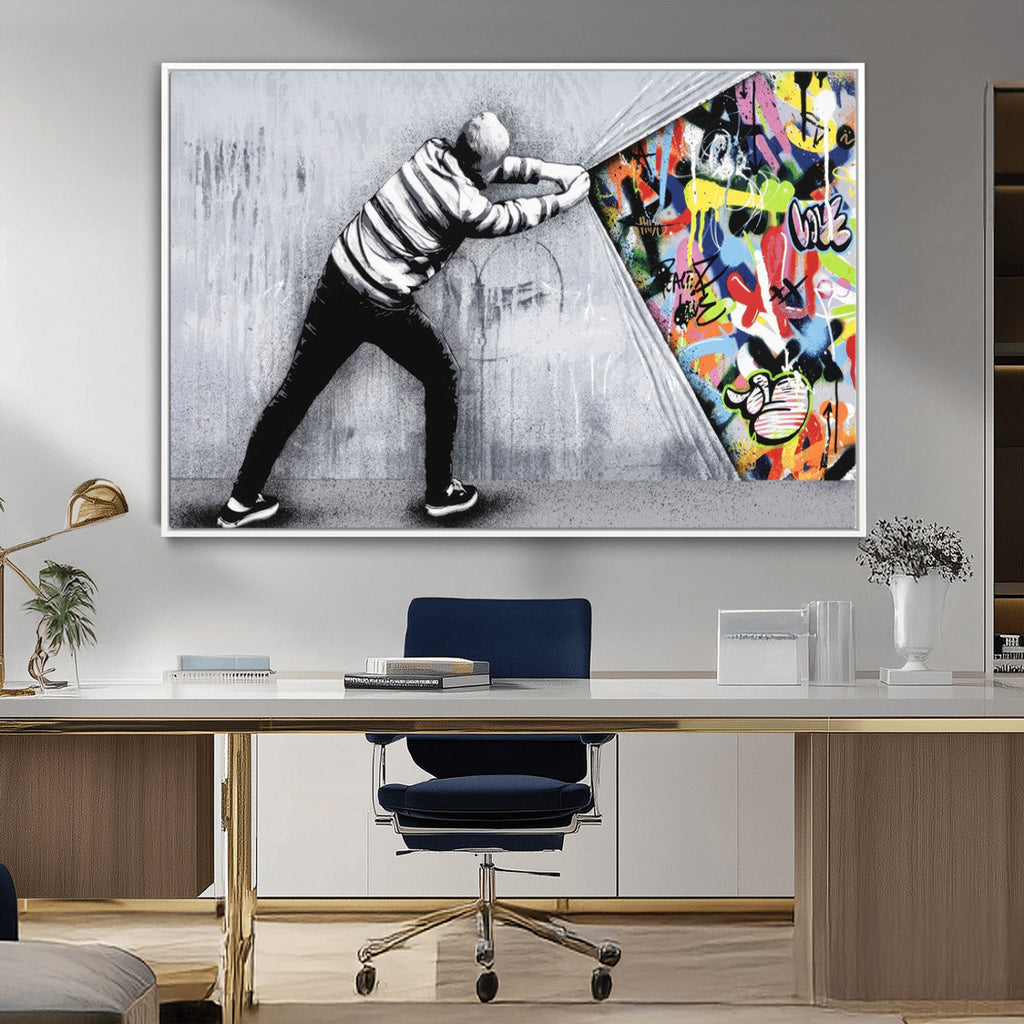 Banksy Art Behind the Curtain Street Wall Art Canvas Print | Urban Graffiti Style Wall Decor