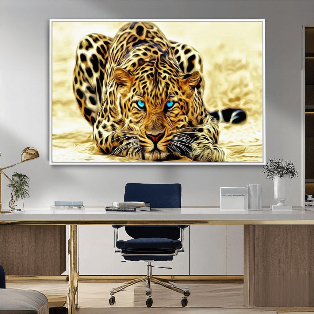 Blue-Eyed Leopard Canvas Wall Art, Framed Animal Print, Fierce and Bold Decor for Living Rooms