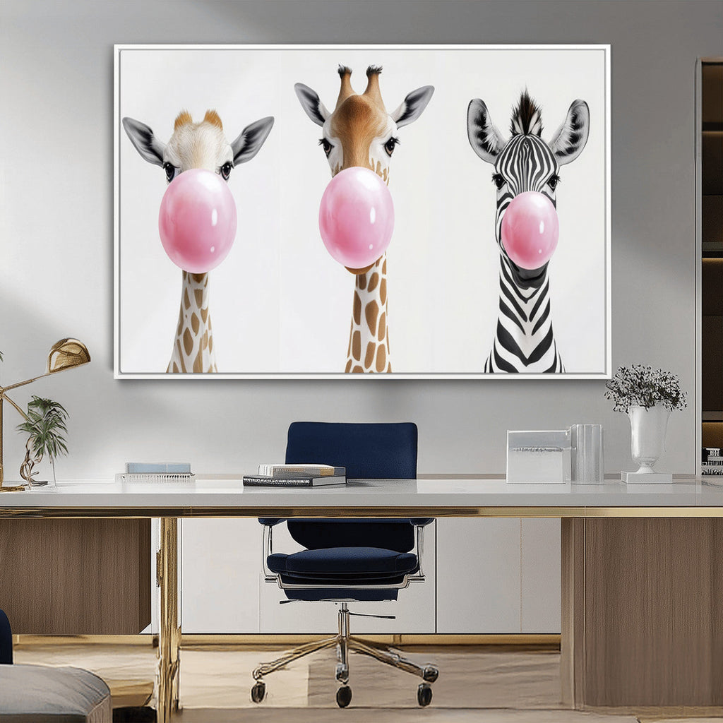 Bubblegum Animals Canvas Wall Art, Playful Giraffe and Zebra Trio, Whimsical Nursery and Kids Room Decor