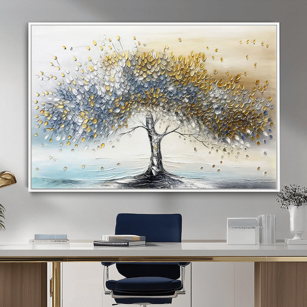 Golden and Silver Tree Wall Art | Framed Elegant Leaves Canvas