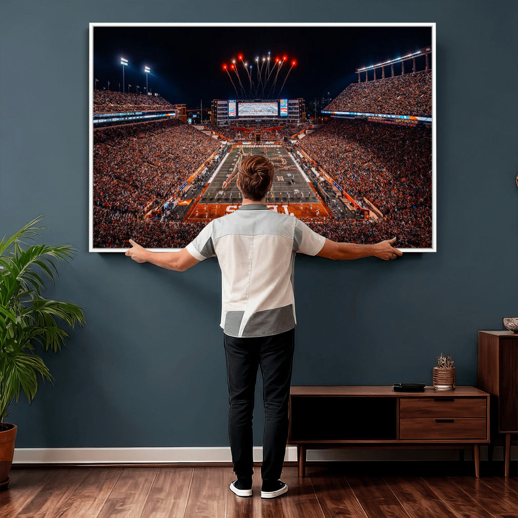 Texas Stadium Night Game Wall Art Canvas Print, Vibrant Football Fireworks Scene