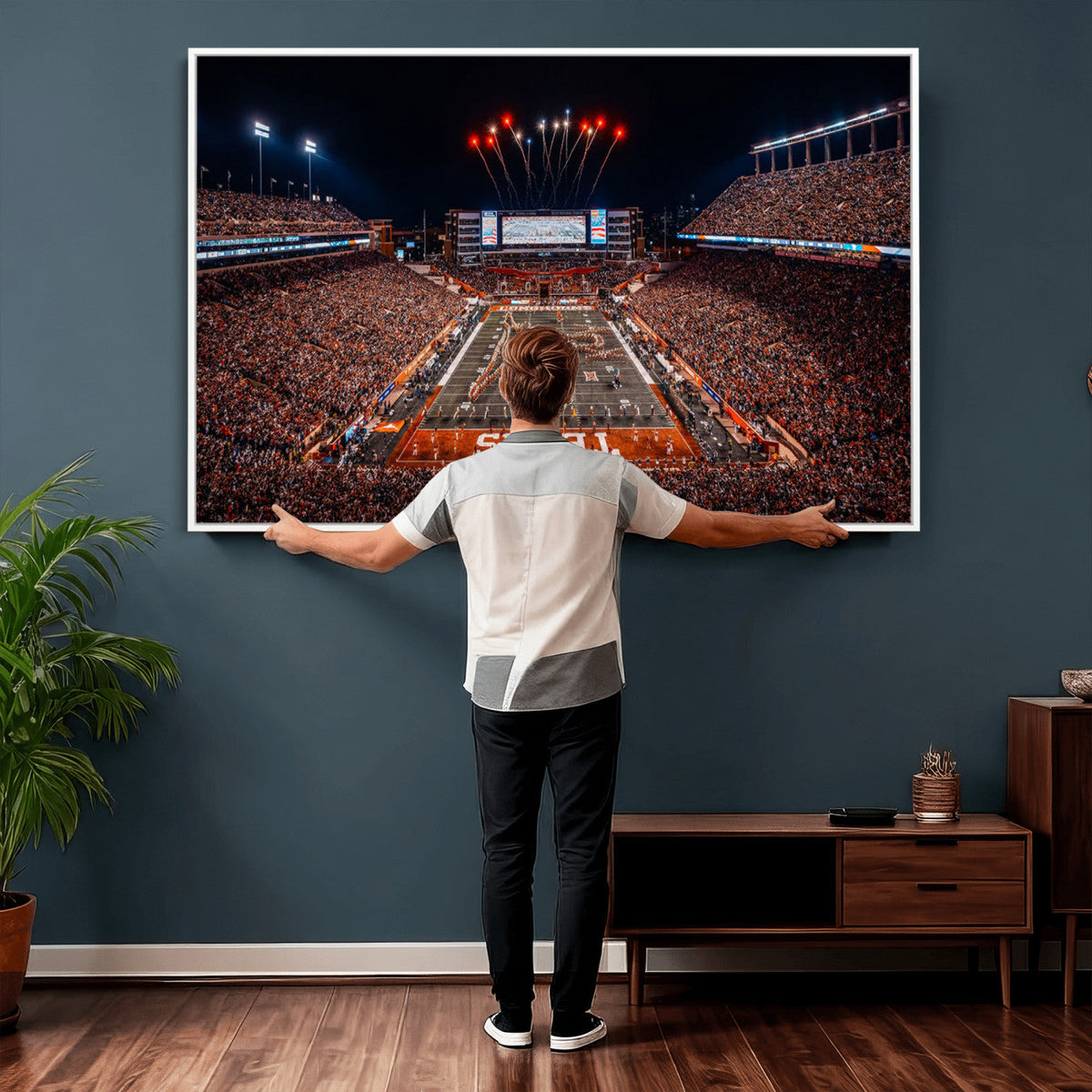 Texas Stadium Night Game Wall Art Canvas Print, Vibrant Football Fireworks Scene