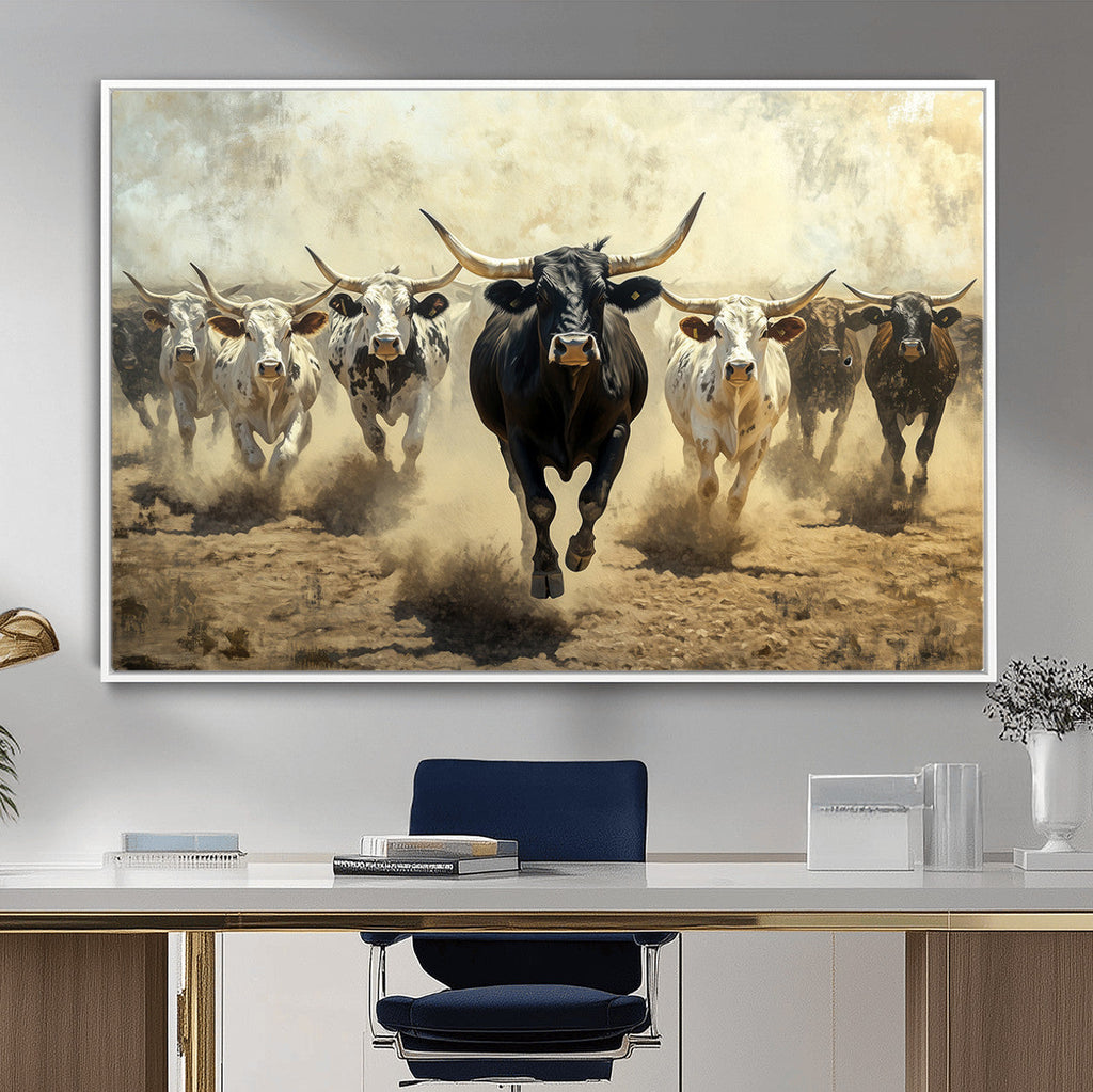 Texas Longhorn Wall Art | Framed Charging Cattle Canvas