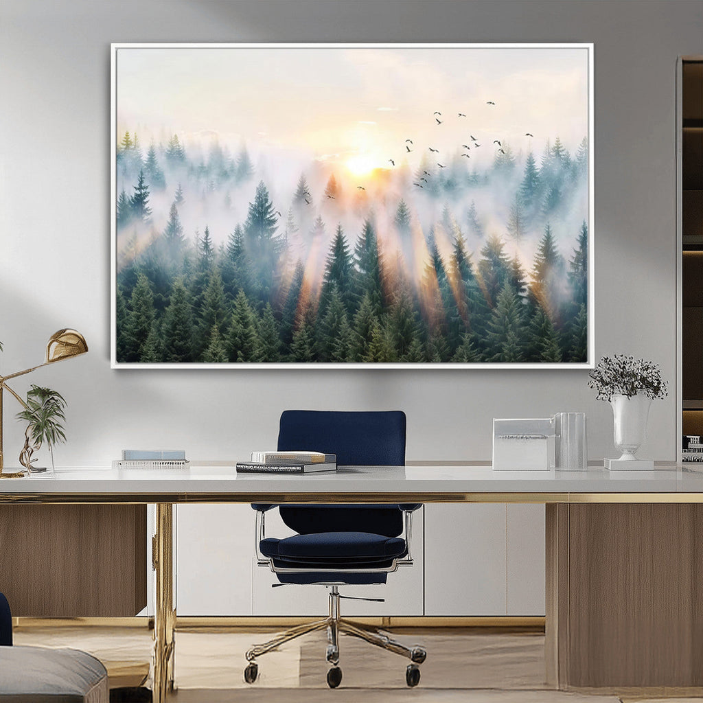 Misty Pine Forest Wall Art Canvas, Sunrise Over Foggy Trees