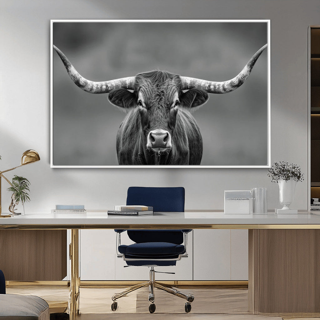 Texas Longhorn Wall Art Canvas Print, Framed Western Bull Photography, Rustic Log Cabin Decor