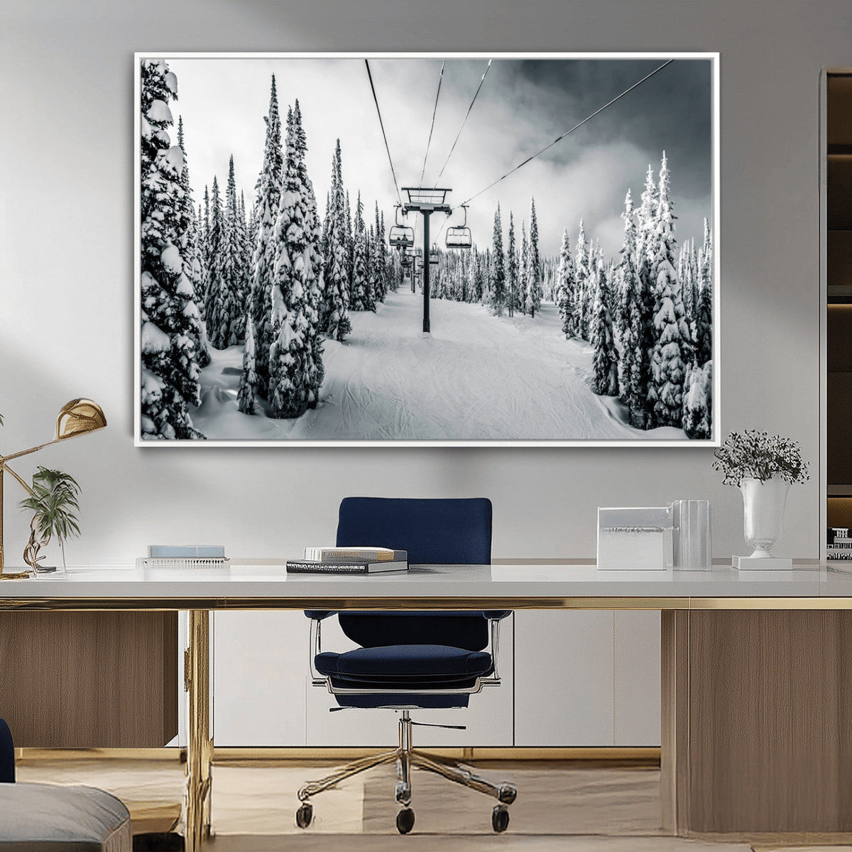 Snowy Pines Wall Art Canvas Print | Ski Lift in a Winter Forest