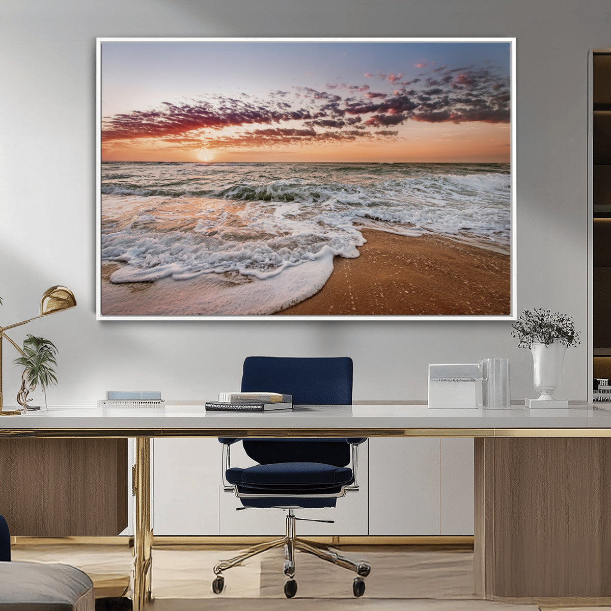 Ocean Sunset Wall Art Canvas Print | Sandy Shore and Gentle Waves