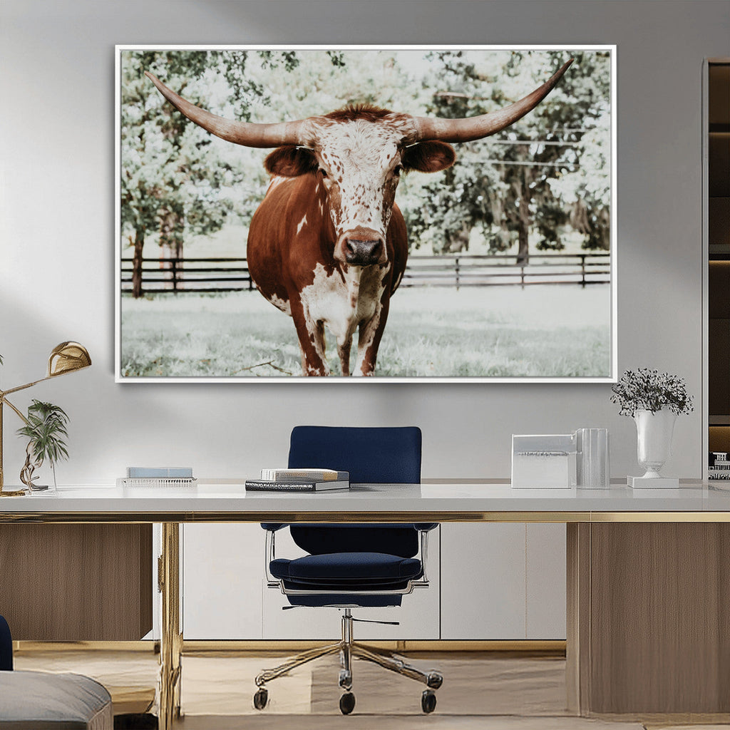 Texas Longhorn Wall Art Canvas Print | Framed Spotted Brown and White Bull