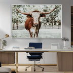 Texas Longhorn Wall Art Canvas Print | Framed Spotted Brown and White Bull