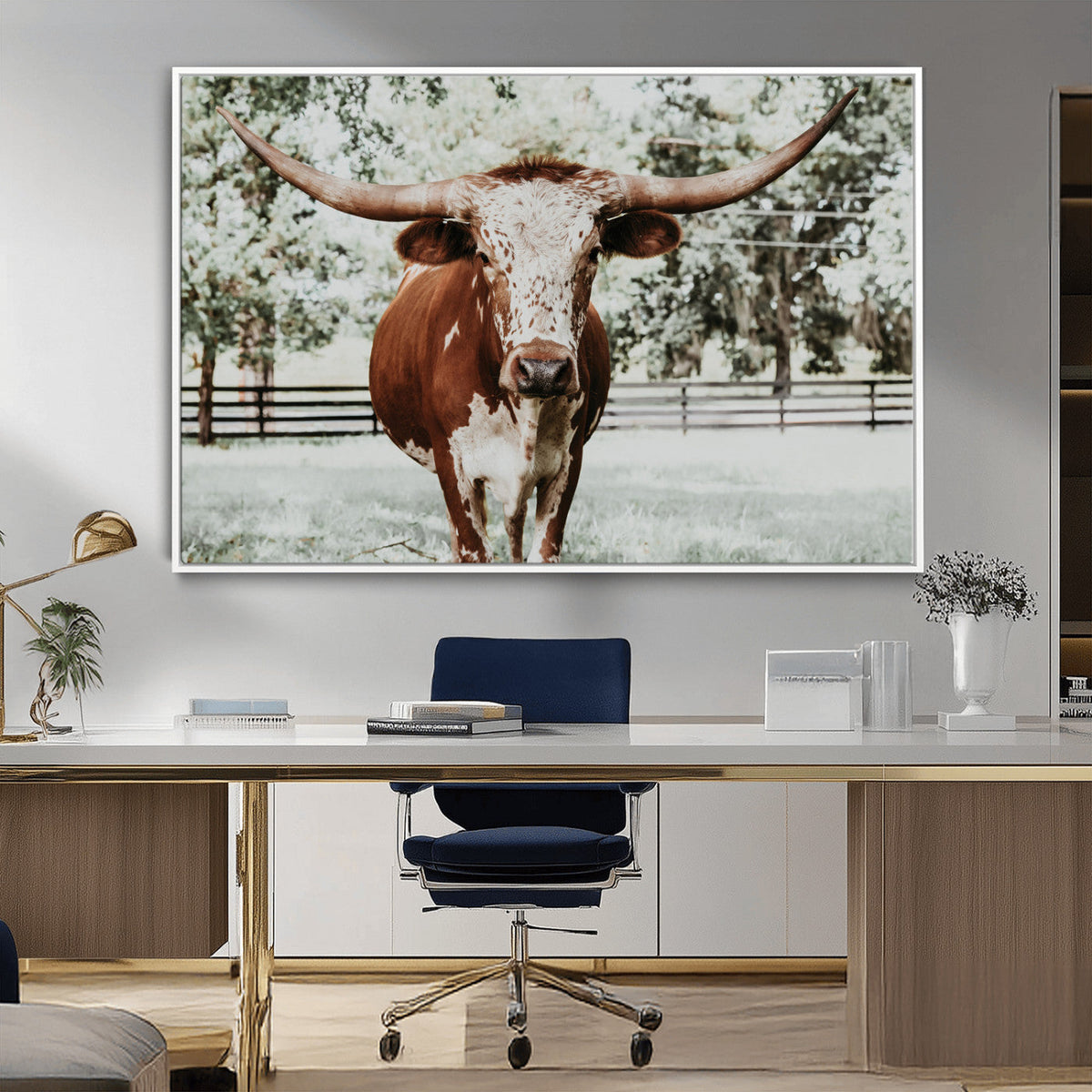 Texas Longhorn Wall Art Canvas Print | Framed Spotted Brown and White Bull