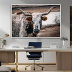 Texas Longhorn Wall Art Canvas Print | Framed Brown and White Spotted Longhorn