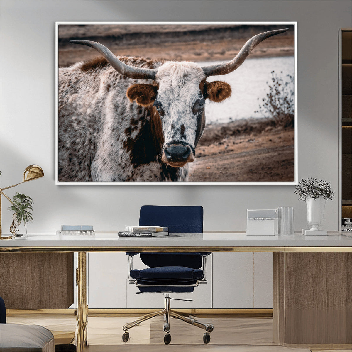 Texas Longhorn Wall Art Canvas Print | Framed Brown and White Spotted Longhorn
