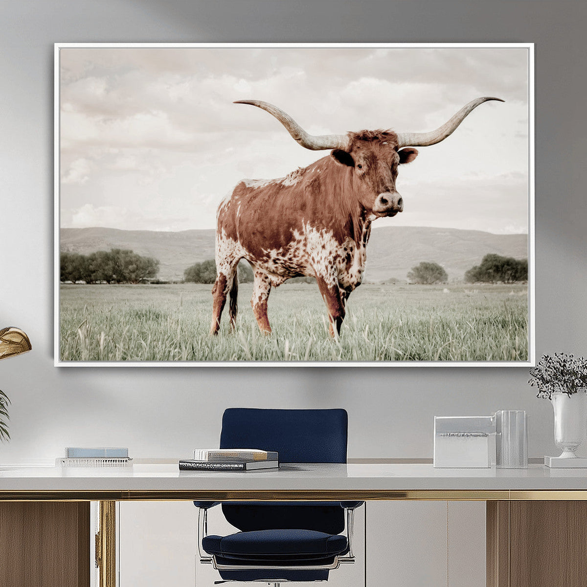 Texas Longhorn Wall Art | Framed Spotted Cattle Canvas