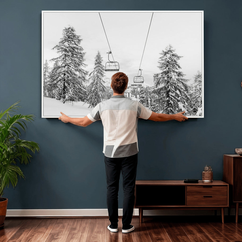 Snowy Ski Lift Wall Art | Framed Winter Forest Canvas