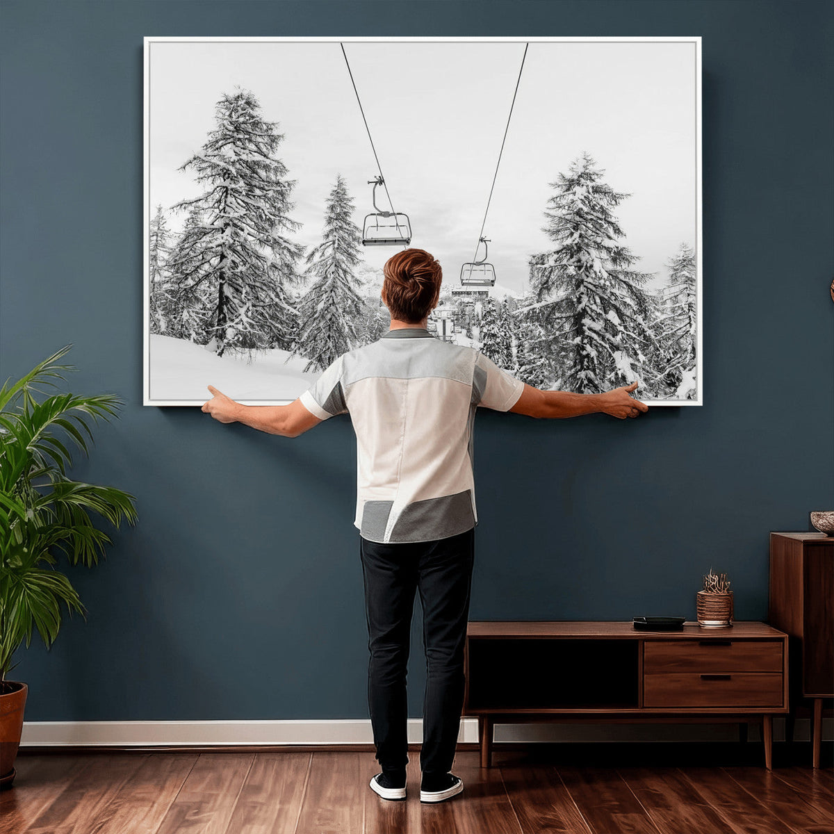Snowy Ski Lift Wall Art | Framed Winter Forest Canvas