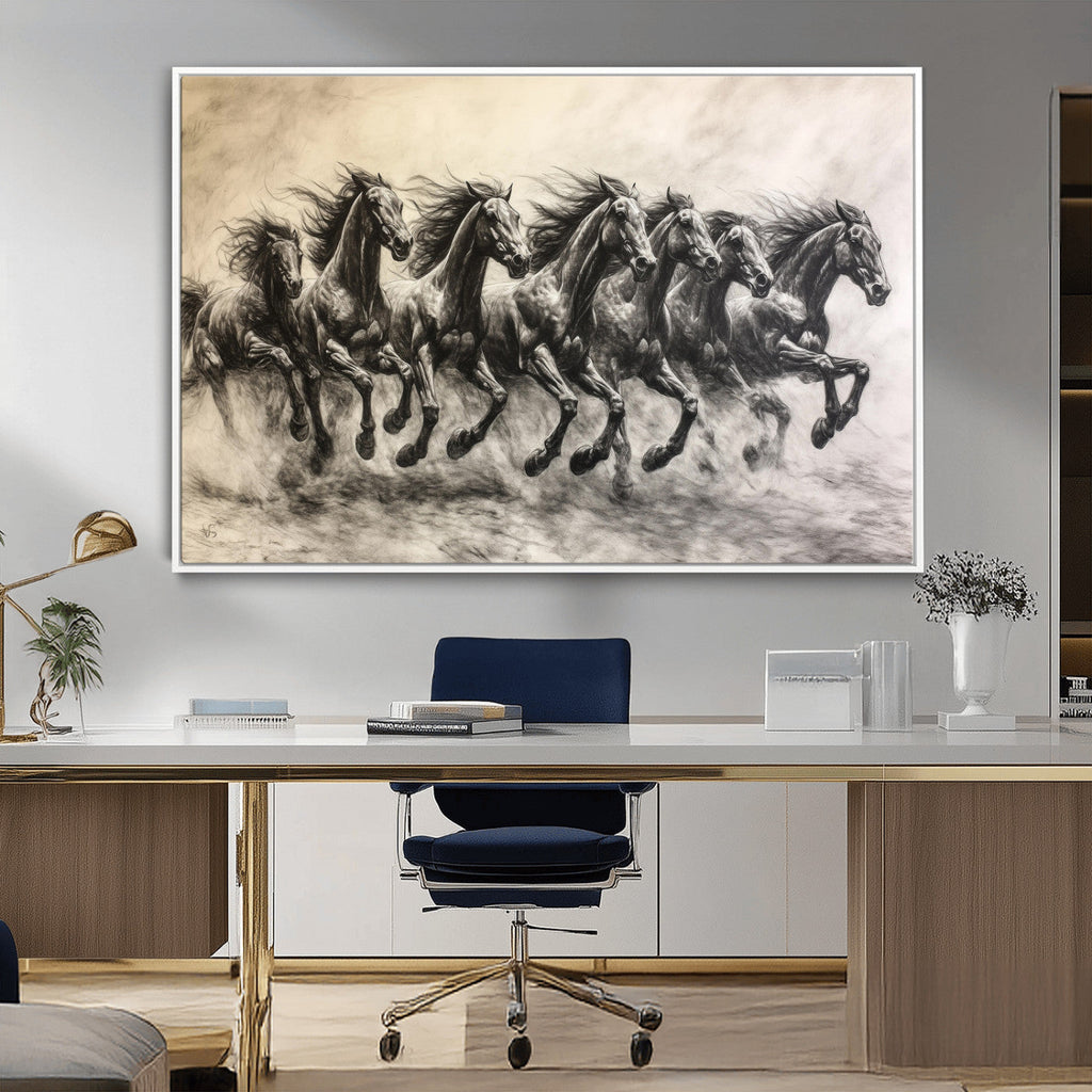 Running Horses Wall Art Canvas Print, Framed Monochrome Galloping Herd Sketch