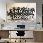 Running Horses Wall Art Canvas Print, Framed Monochrome Galloping Herd Sketch
