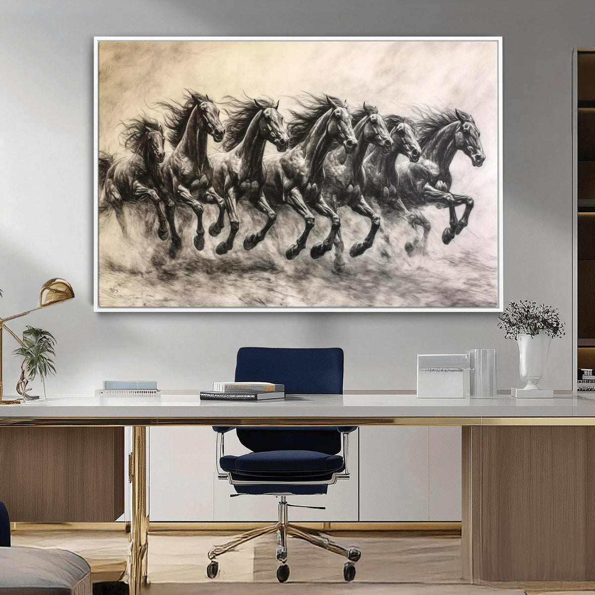 Running Horses Wall Art Canvas Print, Framed Monochrome Galloping Herd Sketch