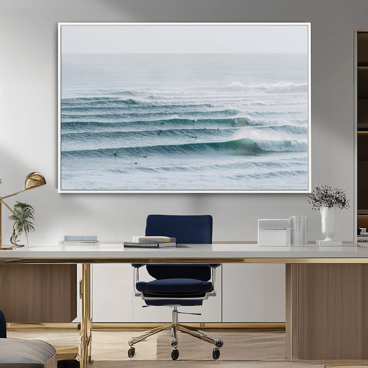 Ocean Waves Wall Art Canvas Print, Framed Surfer Lineup on a Crowded Ocean