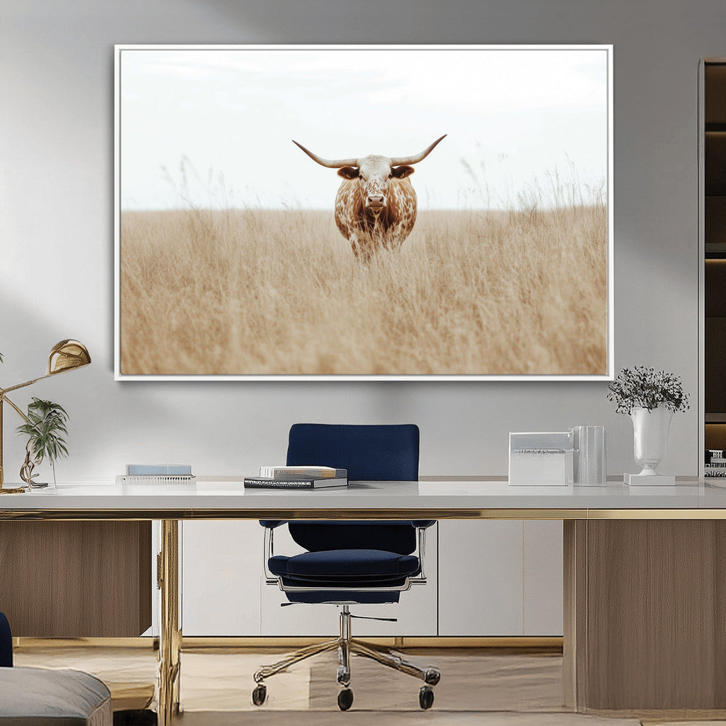 Texas Longhorn Wall Art Canvas Print, Framed Lone Cattle and Longhorn Bull Scene