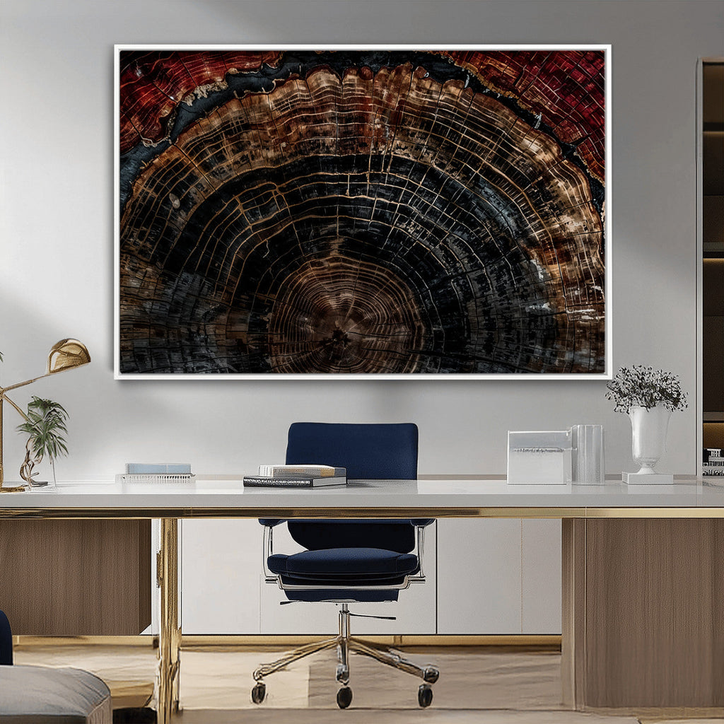 Dark Wood Ring Wall Art Canvas Print, Framed Abstract Tree Slice Print, Rustic Wood Grain Decor